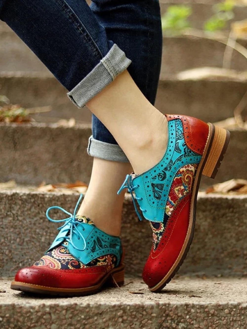 Rockabilly Turquoise & Red Women's Lace-Up Brogue Oxford Shoes